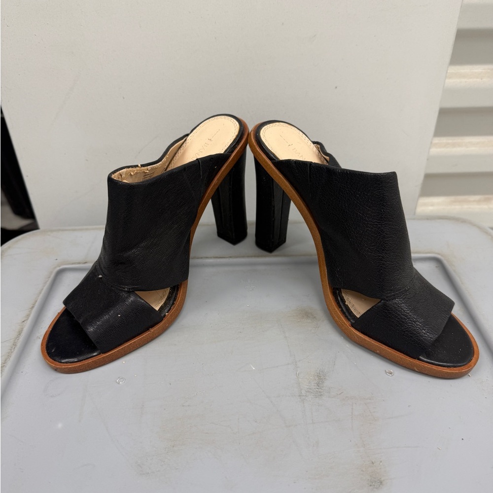 Banana Republic Black Leather Open-Toe Mule Heels with Brown Trim